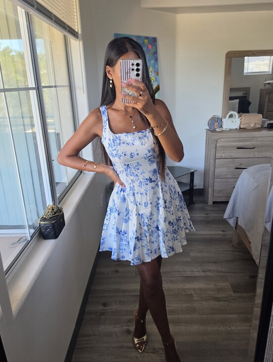 Zara Dresses & Skirts - White Mini Dress with Blue Floral Print